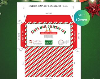 Op de afbeelding: Een kerst-thema envelop sjabloon met rode en witte diagonale strepen. Het bovenste gedeelte heeft de tekst "SANTA MAIL DELIVERY FOR" en ruimte voor de naam en het adres van een kind. De gevouwen sjabloon is 16,5 x 8,9 cm.