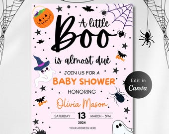 Puede incluir: Una invitación a una fiesta de bienvenida al bebé de color rosa y negro con un fantasma que lleva un sombrero de bruja y el texto "A little Boo is almost due. Join us for a baby shower honoring Olivia Mason. Saturday, March 13, 2024, 3PM. Your address here. Registered at your sweet baby store."