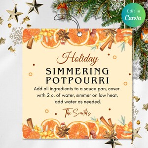 May include: A printable holiday simmering potpourri recipe card with a festive orange and spice design. The card features the text "Holiday Simmering Potpourri" and instructions for making the potpourri. The text "The Smith's" is at the bottom of the card.