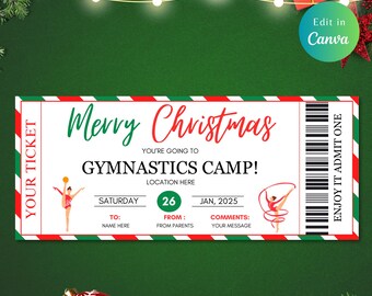 May include: A festive Christmas ticket design, featuring the words "Merry Christmas" and "Gymnastics Camp!" in red and green. The ticket includes space for details and illustrations of gymnasts. The background is green with festive decorations.