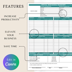 May include: A printable high school transcript template with sections for student information, school information, and academic summary. The template includes space for course titles, descriptions, credits, final grades, GPA, and cumulative GPA. It also includes a grading scale and space for test results.