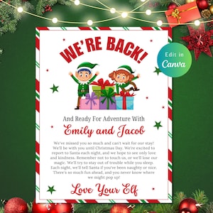 ELF BEM-VINDO DE VOLTA "Estamos de volta", carta de natal, modelo editável, carta de chegada do elfo, carta de volta do elfo, impressão de carta do elfo, carta do elfo