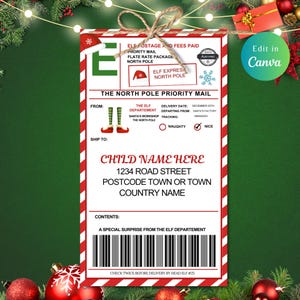 EDITABLE Elf Mail Shipping Label, CHRISTMAS ELF, Northpole Gift Tags, Elf Shipping Label, Elf Labels, North Pole Delivery, Santa Mail Label