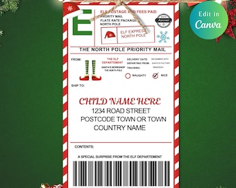 EDITABLE Elf Mail Shipping Label, CHRISTMAS ELF, Northpole Gift Tags, Elf Shipping Label, Elf Labels, North Pole Delivery, Santa Mail Label