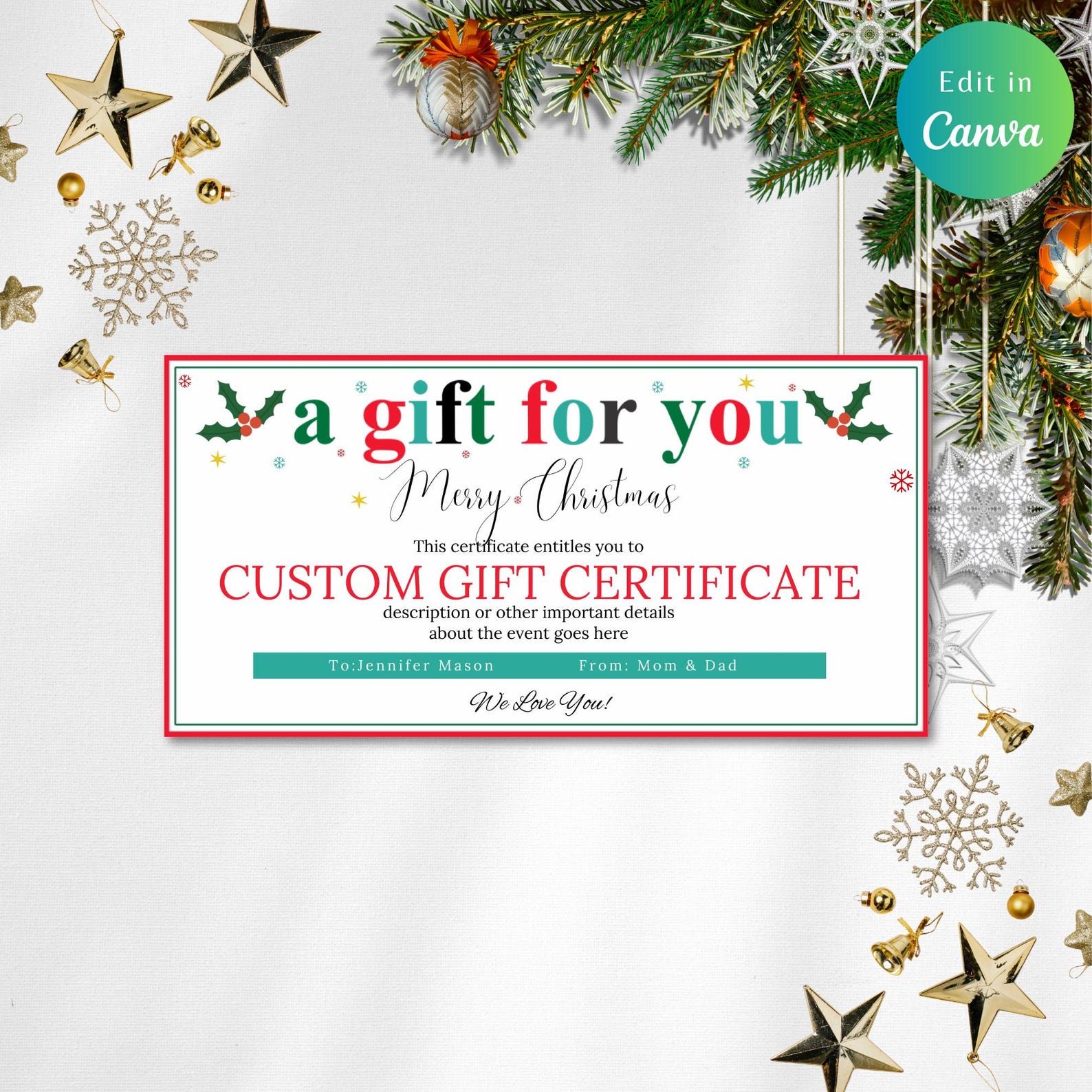 Editable Christmas Gift Certificate Template, CHRISTMAS VOUCHER