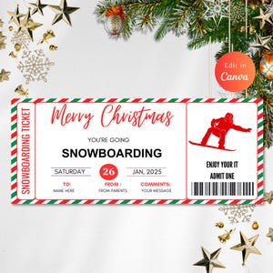 Editable Snowboard Ticket Template, Ski Trip Pass Gift Certificate Voucher, ski trip, ticket template, snowboard ticket, Instant download