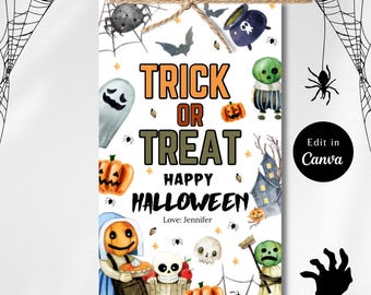 May include: A white printable Halloween treat bag with a colorful illustration of pumpkins, ghosts, bats, spiders, and a cauldron. The text on the bag reads "Trick or Treat Happy Halloween Love: Jennifer".