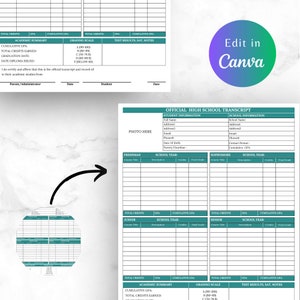 May include: A printable high school transcript template with sections for student and school information, as well as academic records for each year of high school. The template includes space for a photo, course titles, descriptions, credits, final grades, GPA, and cumulative GPA. The template also includes a grading scale and space for test results.