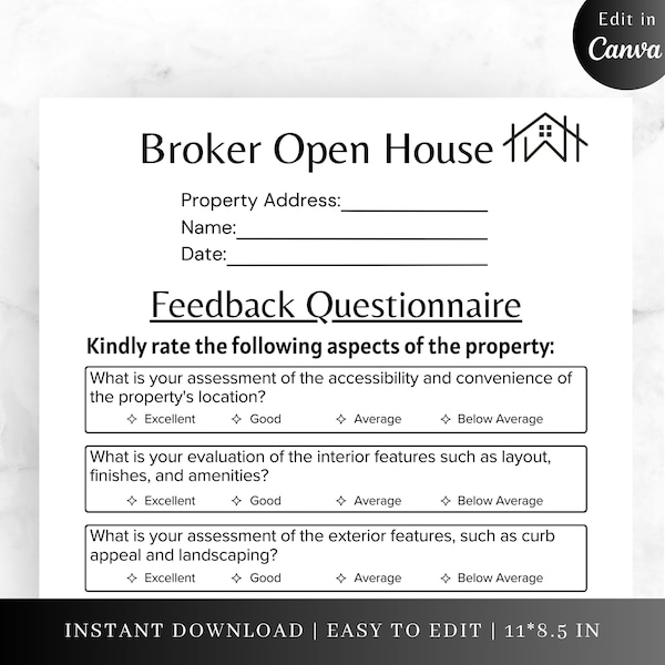 REAL ESTATE BROKER, open house form, Printable Questionnaire Open House, feedback form, questionnaire form,  editable  broker open house