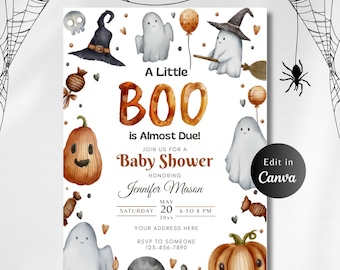 May include: A Halloween-themed baby shower invitation featuring a watercolour illustration of ghosts, pumpkins, and sweets. The text reads "A Little BOO is Almost Due!" and includes details for the event, such as the date, time, and location.