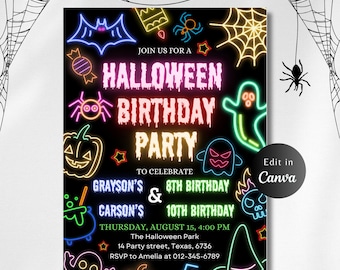 EDITABLE NEON HALLOWEEN Costume Party Invitation, Spooky Halloween Party Invite, Printable Neon Halloween Birthday Invite, Neon Halloween