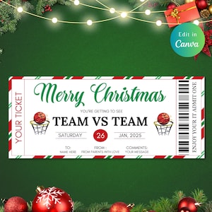 Bearbeitbare Weihnachts-BASKETBALL Ticket-Vorlage, Geschenk Überraschungs-Spielkarte, Basketball-Karte, geben ein Basektball, Basketballspielgeschenk