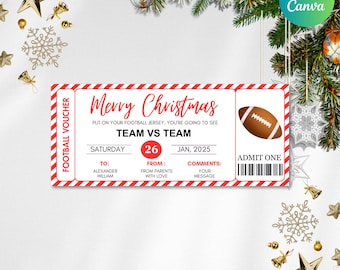 May include: A red and white striped Christmas ticket voucher with the text "Merry Christmas" and "Team vs Team". The ticket is for a football game on Saturday, January 26th, 2025. The ticket has a space for the recipient's name, a space for a message from the giver, and a space for comments.