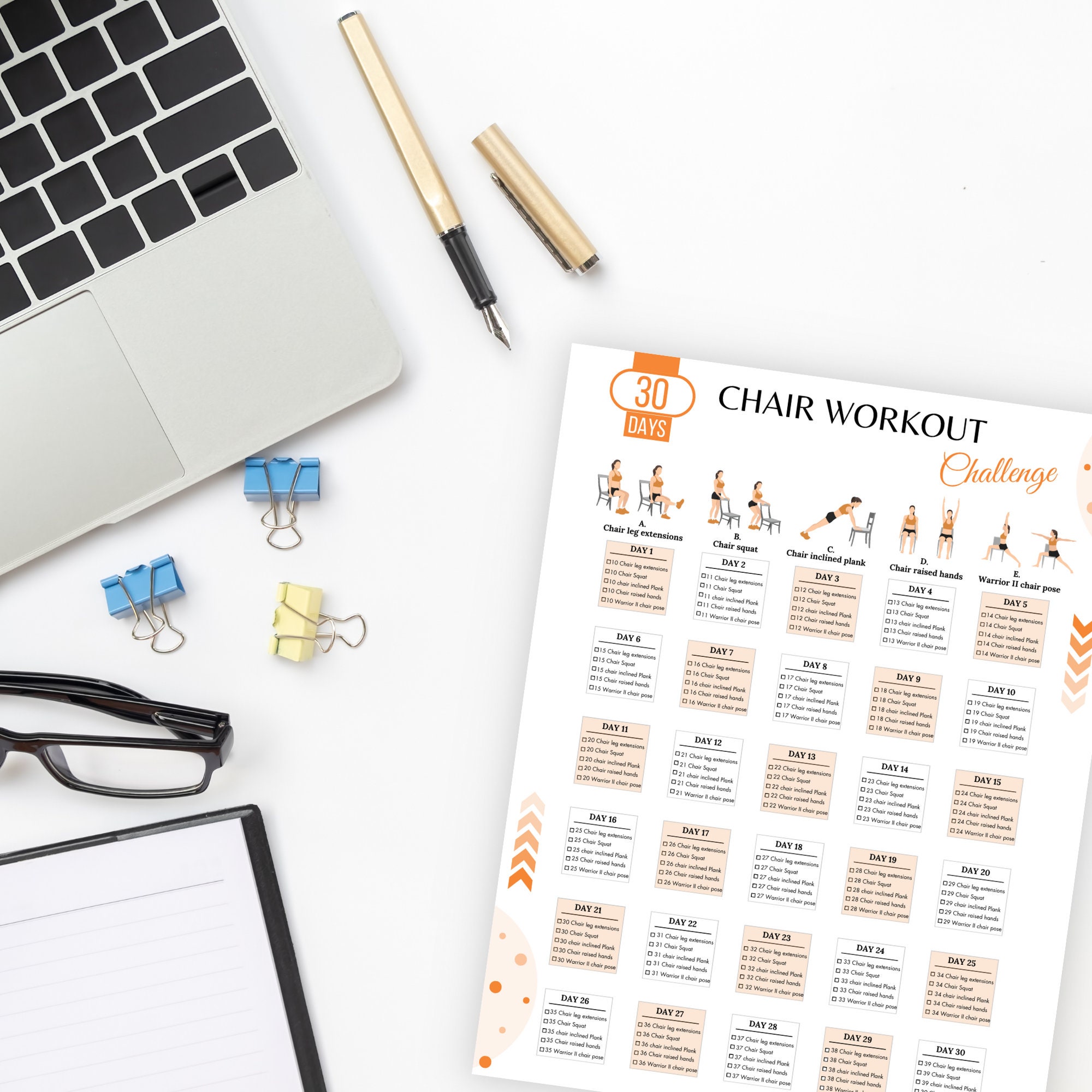 Editable 30 DAYS Chair Exercises Challenge, Chair Exercises, 30 Days ...