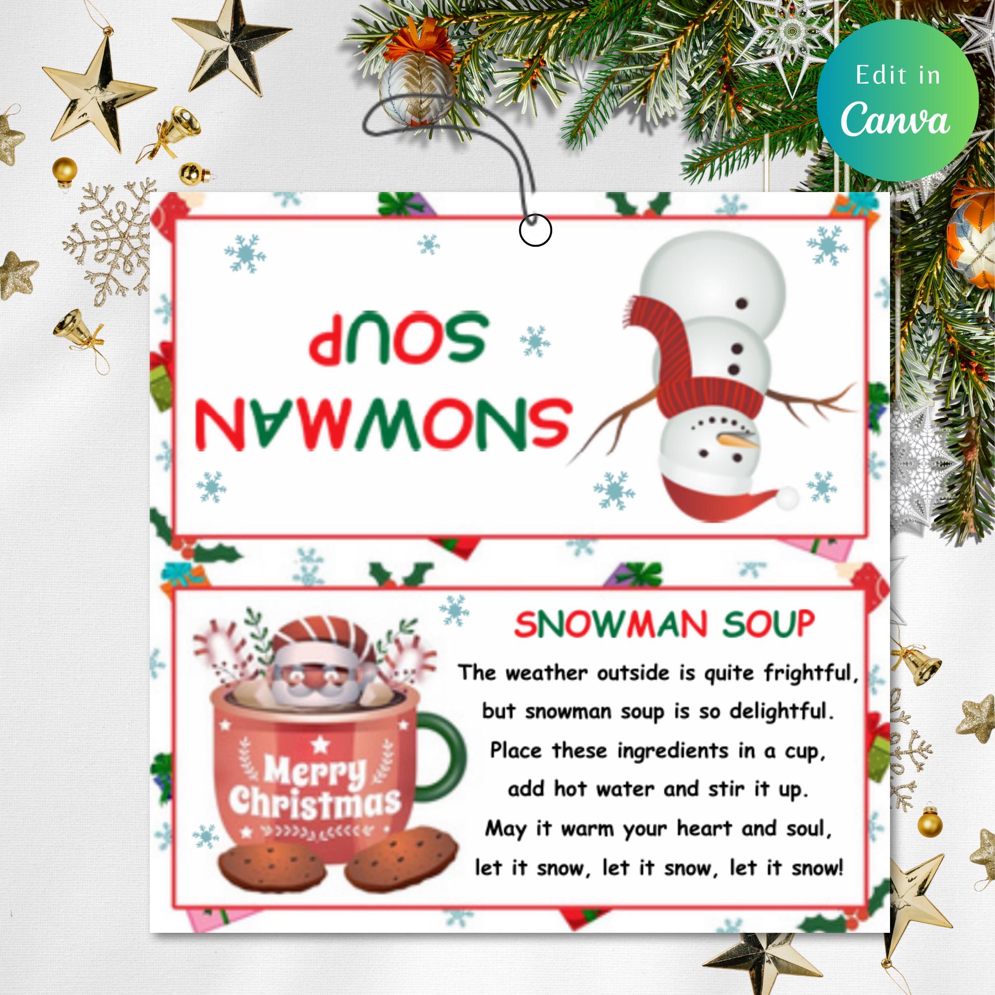 Editable snowman soup gift tags snowman soup treat bag topper goodie