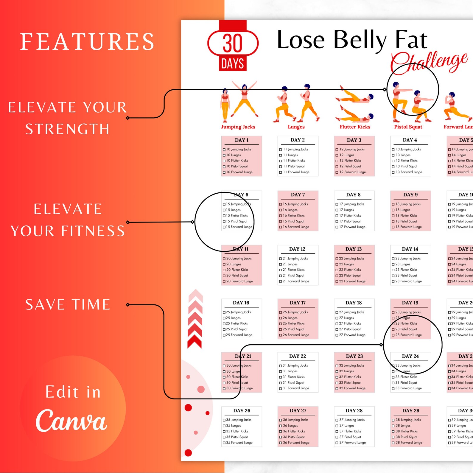 Editable 30 DAYS Lose Belly Fat Challenge, Belly Exercise, Belly