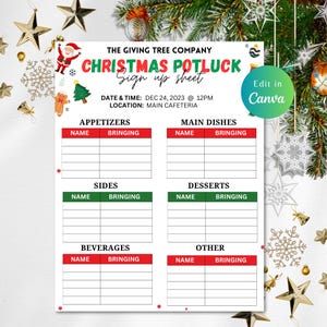 Pode incluir: Uma folha de inscrição para um potluck de Natal imprimível com um esquema de cores vermelho e verde. A folha tem seções para aperitivos, pratos principais, acompanhamentos, sobremesas, bebidas e outros. Inclui o texto "The Giving Tree Company Christmas Potluck Sign up sheet" e "Date & Time: Dec 24, 2023 @ 12PM Location: Main Cafeteria".