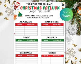 May include: A printable Christmas potluck sign-up sheet with a red and green color scheme. The sheet has sections for appetizers, main dishes, sides, desserts, beverages, and other. It includes the text "The Giving Tree Company Christmas Potluck Sign up sheet" and "Date & Time: Dec 24, 2023 @ 12PM Location: Main Cafeteria".