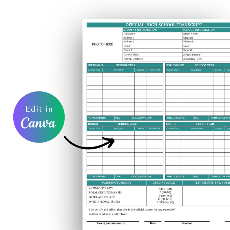 May include: A printable high school transcript template with a teal and white color scheme. The template includes sections for student information, school information, and academic summary. The template is designed to be used for tracking student grades and credits.
