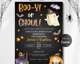 Invitación editable para revelar el género de la fiesta de Halloween Little Boo Cute, Baby Shower de Halloween, Baby Shower de otoño, revelación de género, Boo-y o Ghoul, género