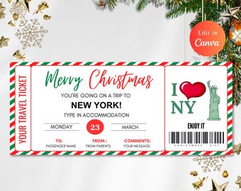 May include: A red and green striped Christmas travel ticket with the text "Merry Christmas" and "You're going on a trip to New York!"  The ticket also has a red heart with the letters "I NY" and a cartoon image of the Statue of Liberty. The ticket has spaces for the passenger name, date, and comments.