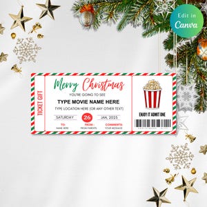 Editable CHRISTMAS MOVIE Ticket Gift Certificate, Christmas Gift, Last Minute Gift, Printable Ticket, Movie Night, Movie Ticket, Christmas
