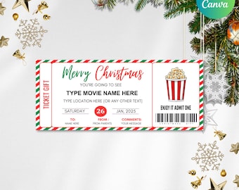 Könnte beinhalten: Ein rot-grünes gestreiftes Weihnachts-Kinokarte mit dem Text "Merry Christmas" und "You're going to see" gefolgt von einem leeren Platz für den Filmnamen. Das Ticket hat auch Platz für den Filmort, das Datum und eine Nachricht. Das Ticket hat einen Barcode und den Text "Enjoy it Admit One".