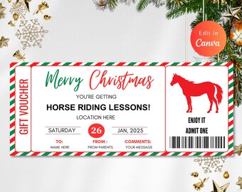May include: A Christmas-themed gift voucher for horse riding lessons. The voucher has a red and green border and features the text "Merry Christmas" and "Horse Riding Lessons!" A red horse silhouette is on the right. The date is January 26, 2025.