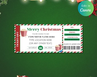 Könnte beinhalten: Ein weihnachtliches Kinokarten-Design mit einem rot-grünen Rand. Die Karte enthält den Text "Merry Christmas", Platz für einen Filmnamen und -ort sowie ein Datum. Außerdem gibt es Abschnitte für "An", "Von" und "Kommentare".