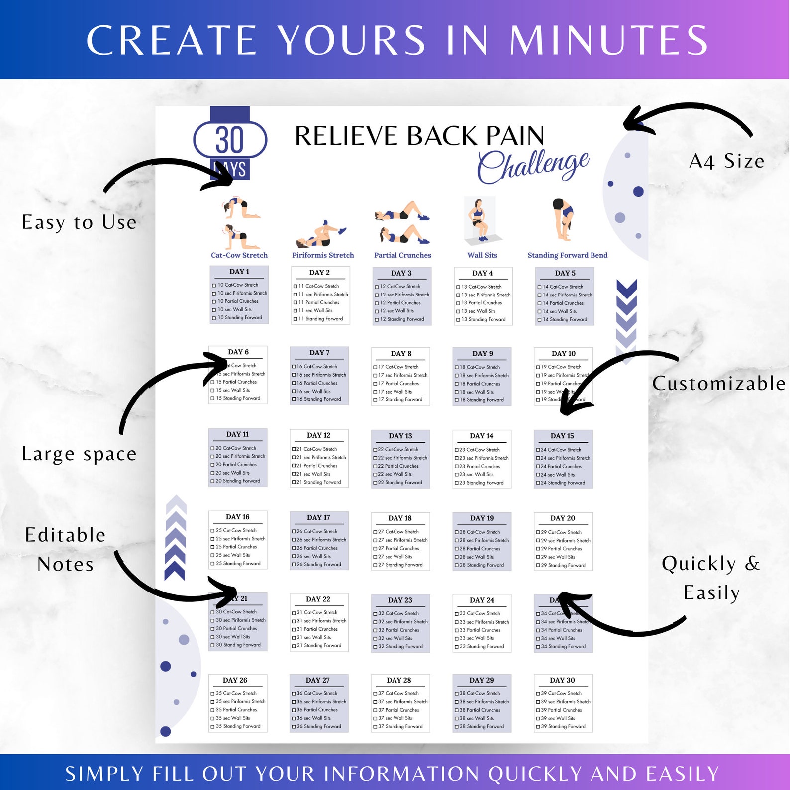 Editable 30 DAYS Relieve Back Pain Challenge, Back Pain, Relieve Back ...
