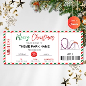 Bearbeitbares Vergnügungsparkticket, Weihnachtsgeschenk, Geschenkgutschein, Überraschungsgeburtstag, Geschenkgutschein, druckbarer Gutschein, Weihnachtsgeschenk