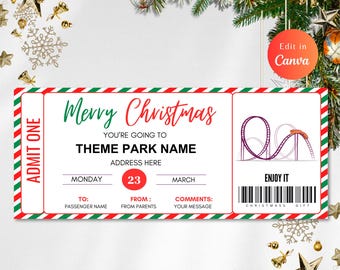 May include: A red, green, and white Christmas ticket with the text "Merry Christmas" and "You're going to [THEME PARK NAME]" with a roller coaster illustration. The ticket has spaces for the passenger name, date, and a message.