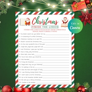 印刷可能なクリスマスソングの歌詞クイズ、印刷可能、パーティーゲーム、歌詞を完成させる、歌詞クイズ、歌を完成させる、完成、クリスマスソング