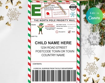 EDITABLE Elf Mail Shipping Label, CHRISTMAS ELF, Northpole Gift Tags, Elf Shipping Label, Elf Labels, North Pole Delivery, Santa Mail Label