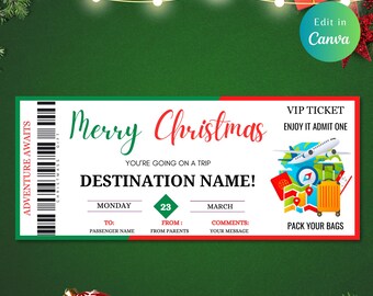 Editable Christmas BOARDING PASS TRAVEL, Christmas Party, Christmas Travel, Christmas Gift, Printable Flight, Boarding Pass, Fake Plane Tick