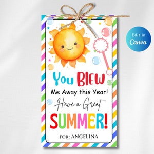 Etiqueta de verano editable You Blew Me Away, etiquetas de fin de año escolar, etiquetas preescolares de burbujas editables, descarga instantánea