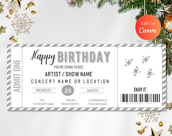 May include: A printable birthday ticket template with a gray and white striped background. The ticket says "Happy Birthday" and "You're going to see" with space for the artist, show name, concert name or location, date, and a message. The ticket also has a barcode and the words "Enjoy It" and "Birthday Gift".