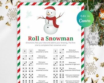 May include: A printable game board with a snowman illustration and instructions for a "Roll a Snowman" game. Players roll dice and add elements to their snowman drawing. The first player to complete their snowman wins.