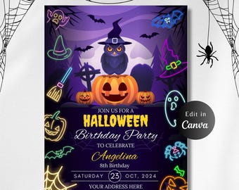 May include: A purple and black Halloween birthday party invitation with a neon glow. The invitation features a cartoon owl wearing a witch's hat, pumpkins, a ghost, and bats. The text reads "Join us for a Halloween Birthday Party to celebrate Angelina 8th Birthday Saturday 23 Oct, 2024 Your address here Contact here Costumes required Edit in Canva".