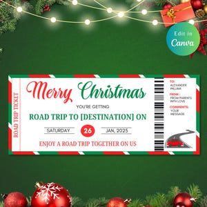 EDITIERBARE Road Trip Ticket Vorlage, WEIHNACHTSGESCHENK, Überraschungsreise, bearbeitbares Ticket, Weihnachtsüberraschung, Sofortiger Download, Road Trip Ticket