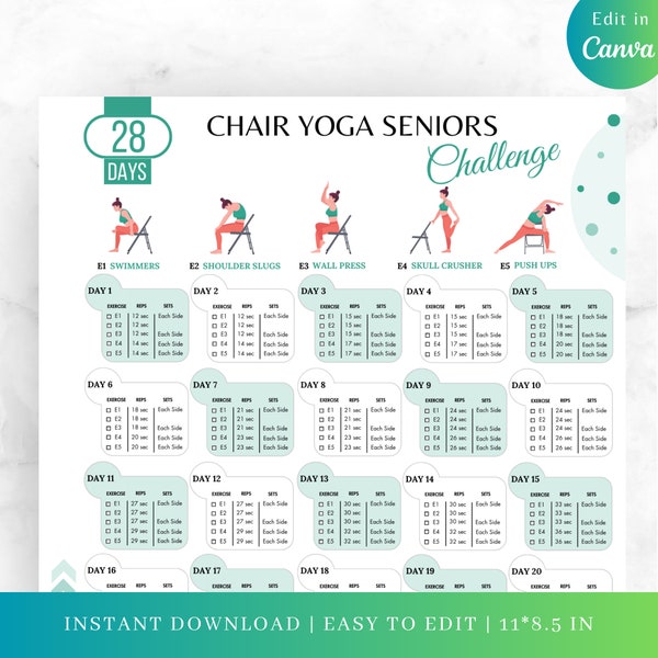 Editable 28 DAYS Chair Yoga Seniors Challenge, Chair Yoga Seniors, 28 Days Challenge, Product Fitness, Chair Yoga For Women, Desk Yoga