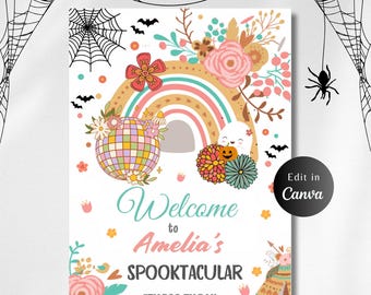 May include: A colorful printable sign with a rainbow, flowers, and a disco ball. The text reads "Welcome to Amelia's Spooktacular 7th Boo-Th Day".