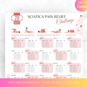 Bewerkbare 28 dagen yoga voor ischias pijnverlichting uitdaging, ischias verlichting, pijnverlichting, digitaal fitnessplan, 28 dagen uitdaging