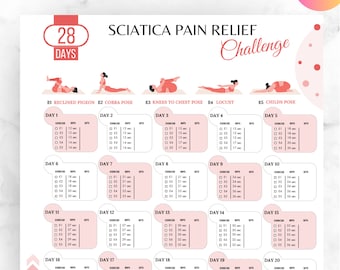 Desafío editable de 28 días de yoga para aliviar el dolor de la ciática, alivio de la ciática, alivio del dolor, plan de acondicionamiento físico digital, desafío de 28 días