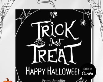 Bewerkbaar NO TRICS Just Treats-tag, Halloween-bedankkaartjes, Halloween-traktatietags, spinnen, geen trucjes, gewoon traktatie, trick or treat-tags