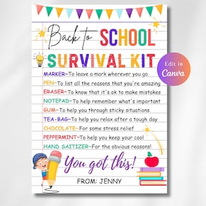 BACK TO SCHOOL Teacher Survival kit Printable Gift Tag, First Day Of School tag, Gift for teachers coworkers staff, New teacher gift idea