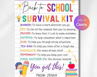 TERUG NAAR SCHOOL Survivalkit leraar Afdrukbaar cadeaulabel, First Day Of School-tag, cadeau voor leraren collega&#39;s, cadeau-idee nieuwe leraar