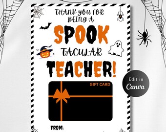 Editable HALLOWEEN TEACHER Gift Card Holder, Teacher Gifts, Halloween, instant download, thank you tags, teacher gift card
