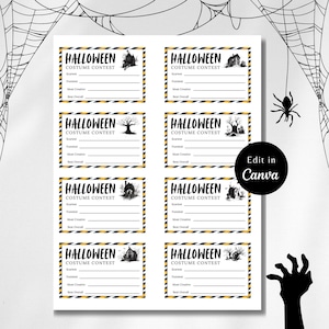 Cartões de votação editáveis para concurso de fantasias de Halloween para impressão, cartão de votação para concurso de fantasias, concurso de escultura de abóbora, concurso de fantasias de bruxa