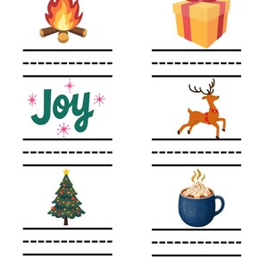 May include: A December vocabulary worksheet featuring the title and lines for writing words. Illustrations include a campfire, a yellow gift box with a red bow, the word Joy in green, a brown deer, a decorated Christmas tree, and a blue mug of cocoa.